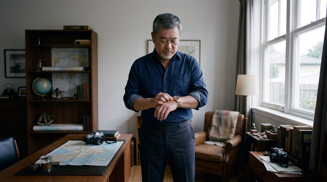 Man fastening a well-worn gold-and-steel dive watch onto his wrist.
