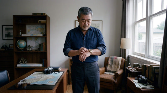 Man fastening a well-worn gold-and-steel dive watch onto his wrist.