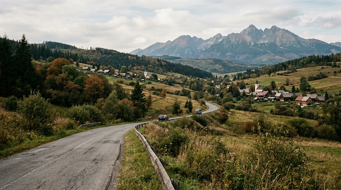 A winding road through a Central European mountain village with the Tatra Mountains in the distance.