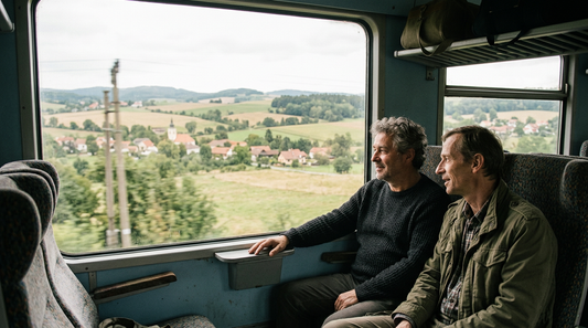 Two men traveling by regional train through the Central European countryside.