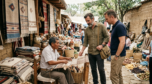 Two men speaking with a local artisan at a traditional Oaxaca market surrounded by woven textiles and handmade goods.