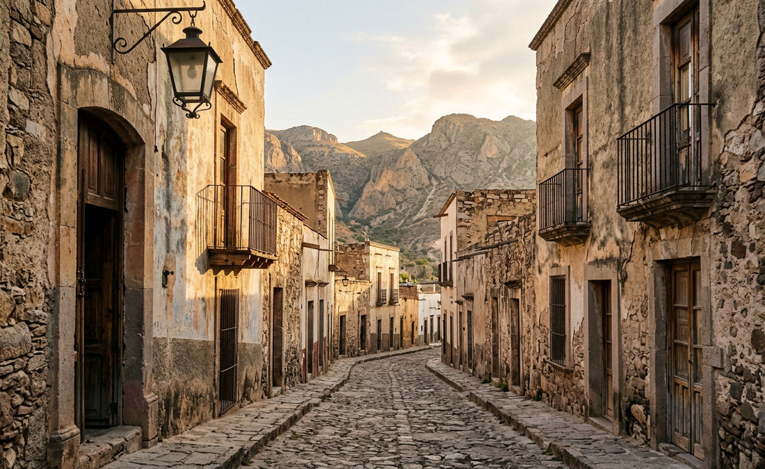 Quiet cobblestone street in the historic mountain town of Real de Catorce, Mexico, surrounded by rugged mountains at sunrise.