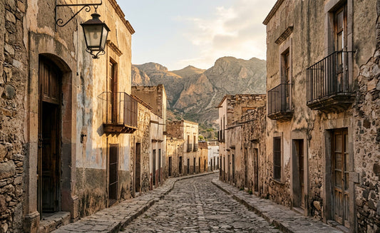 Quiet cobblestone street in the historic mountain town of Real de Catorce, Mexico, surrounded by rugged mountains at sunrise.