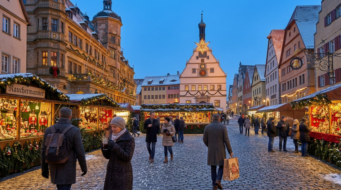 Rothenburg ob der Tauber Marktplatz filled with decorated Christmas market stalls and winter visitors at blue hour