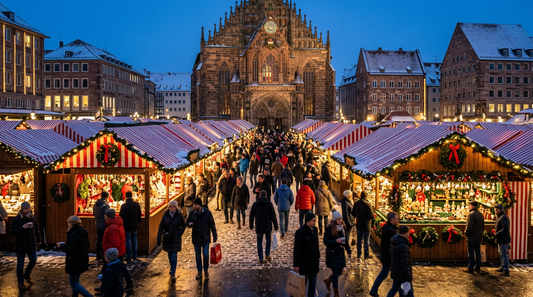 Crowds move among illuminated red-and-white Christmas market stalls in Nuremberg at blue hour.