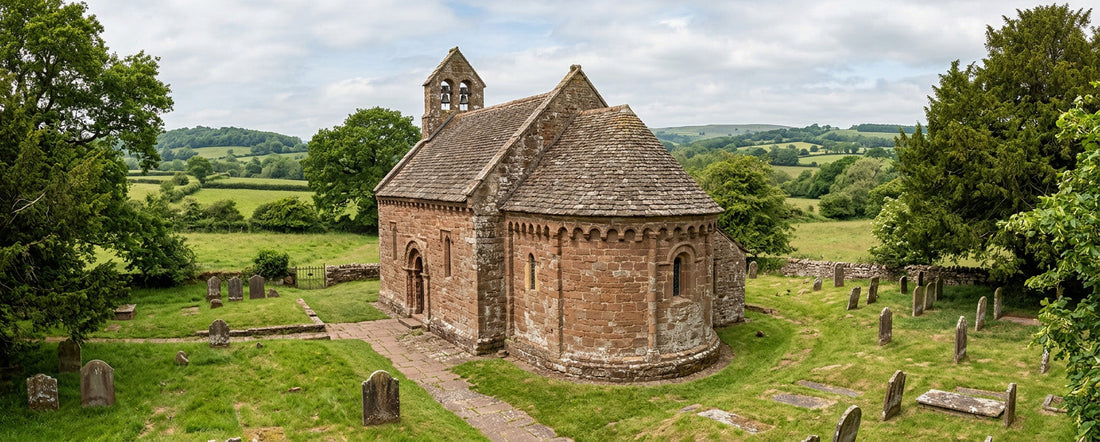 The ancient sandstone Church of St Mary and St David at Kilpeck in the Herefordshire countryside.