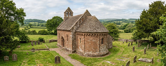 The ancient sandstone Church of St Mary and St David at Kilpeck in the Herefordshire countryside.